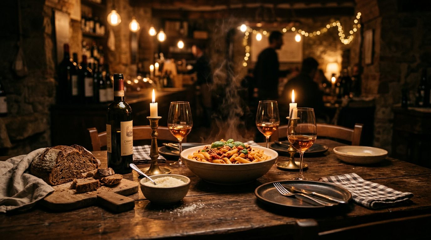 Mesa de cantina italiana à luz de velas, com massa fumegante, vinho e pão