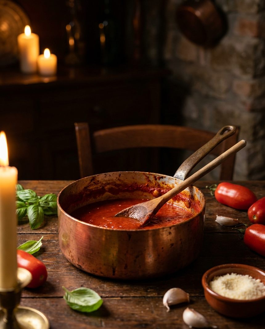 Molho pomodoro cozinhando lentamente em panela de cobre com manjericão fresco