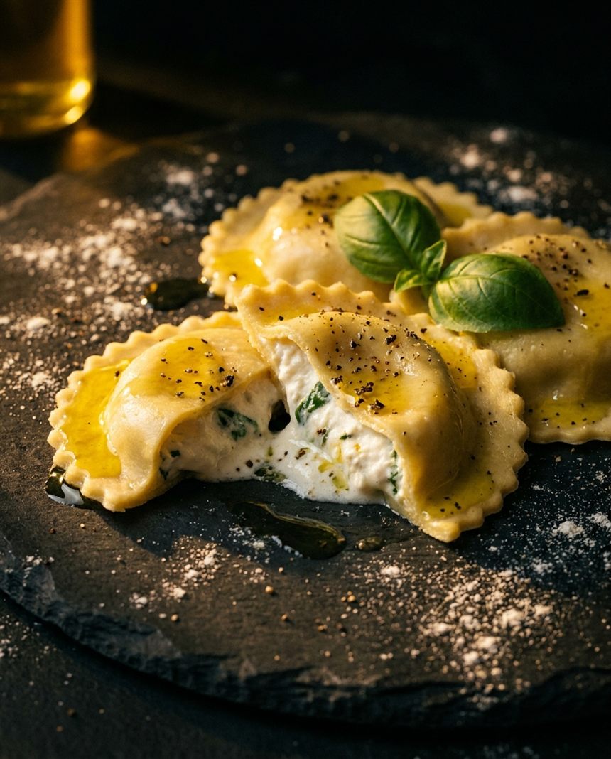 Ravioli artesanal aberto revelando recheio cremoso de burrata e manjericão